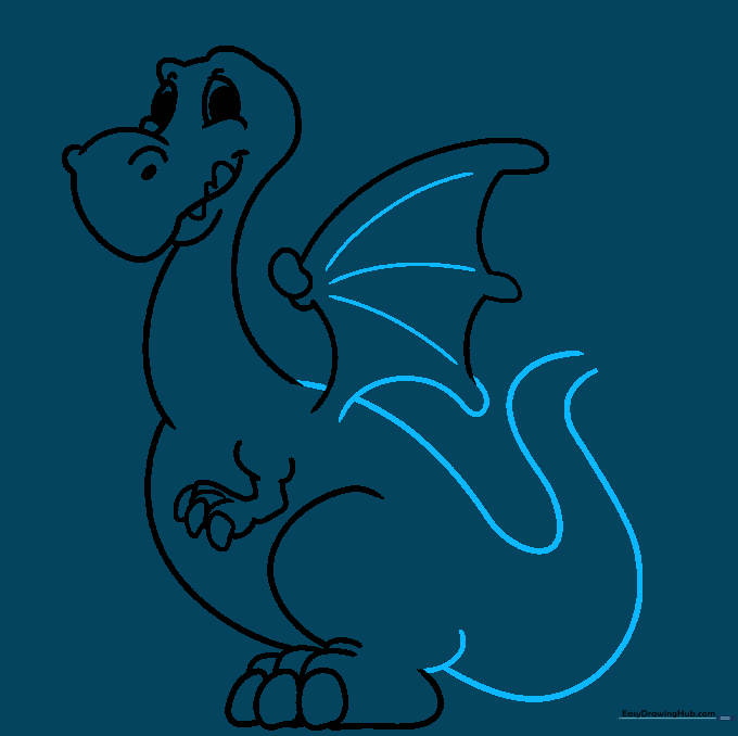 Drawing the long, curved tail extending from the dragon's body.