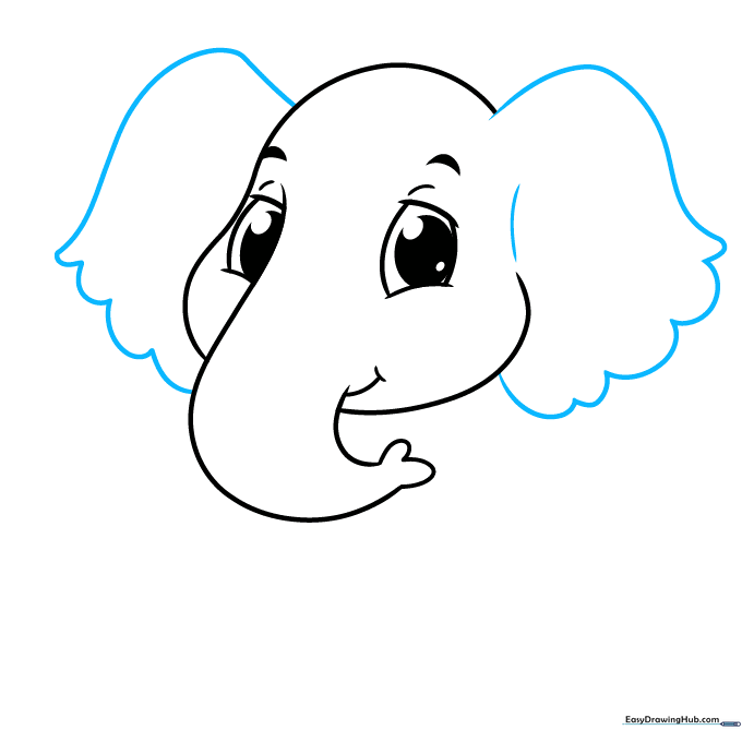 Adding large, floppy elephant ears with scalloped edges to the head outline.