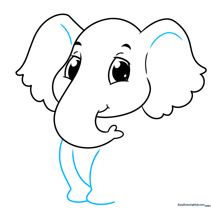 Drawing the elephant's chest and front legs using overlapping curved lines.