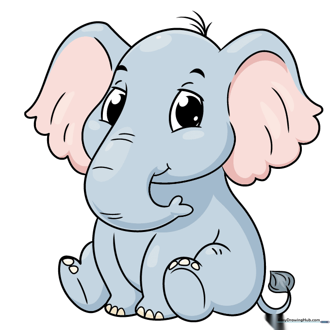 A fully colored, cute cartoon elephant with gray skin and pink ears.