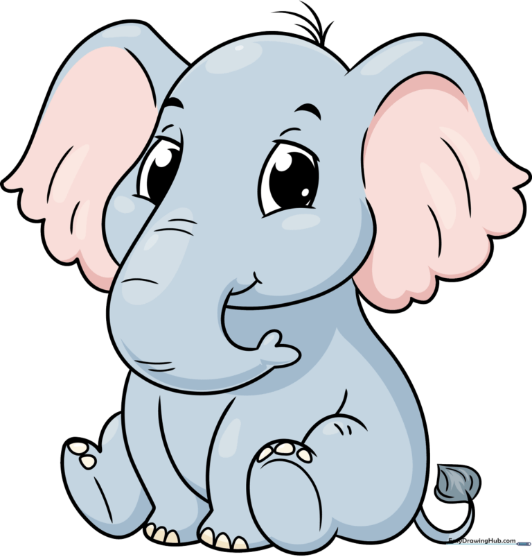 A completed, colorful drawing of a cute elephant, showcasing the final result of the tutorial.