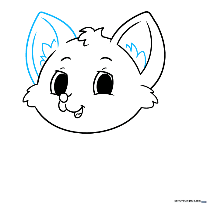 Drawing the second ear with internal fur details on the fox head.