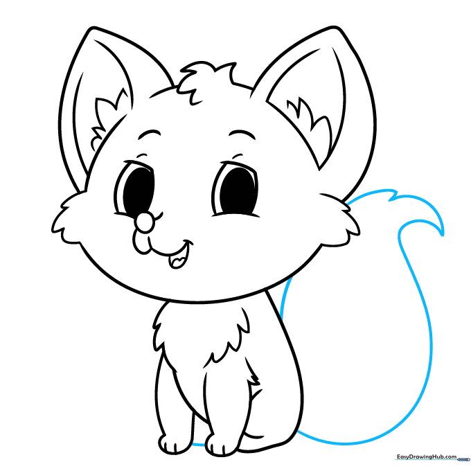Adding a large, bushy tail to the fox drawing.
