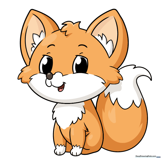 A fully colored, cute cartoon fox with orange, white, and brown fur.