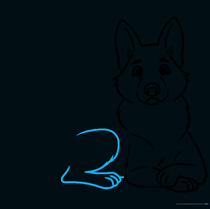 Sketching the rear leg and the puppy's belly line.