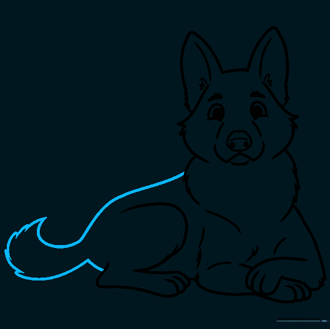 Drawing the puppy's back and a fluffy, curved tail.