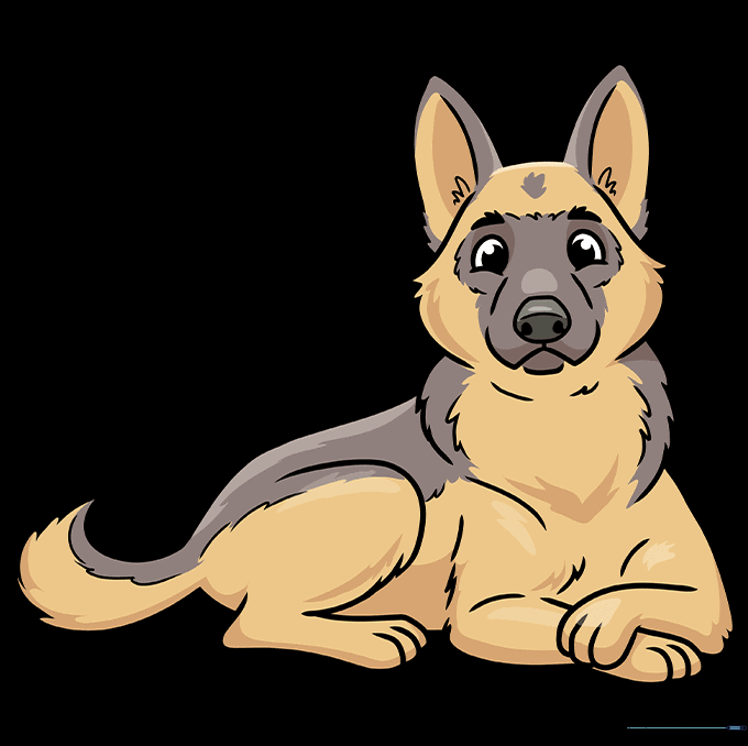 A fully colored, cute German Shepherd puppy drawing.