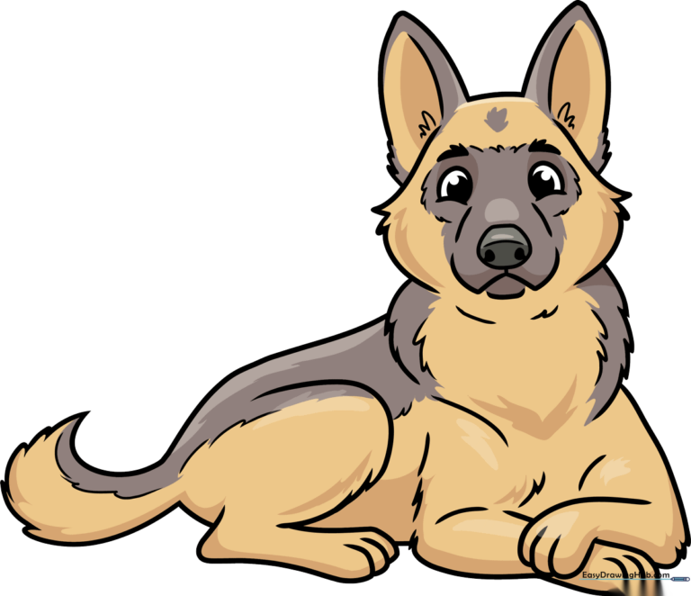 Finished drawing of a cute, cartoon-style German Shepherd puppy.