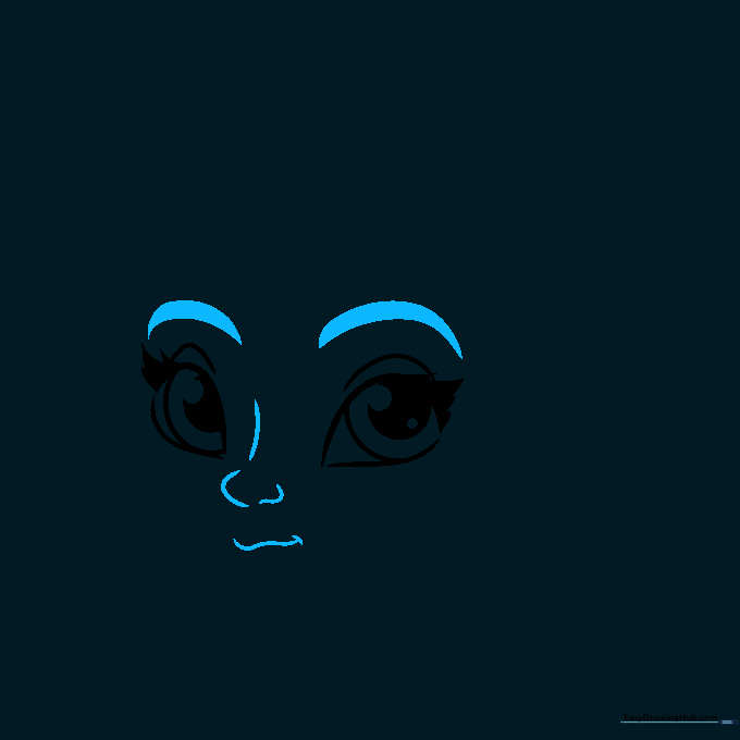 Drawing eyebrows, a stylized nose loop, and a simple wavy mouth line.