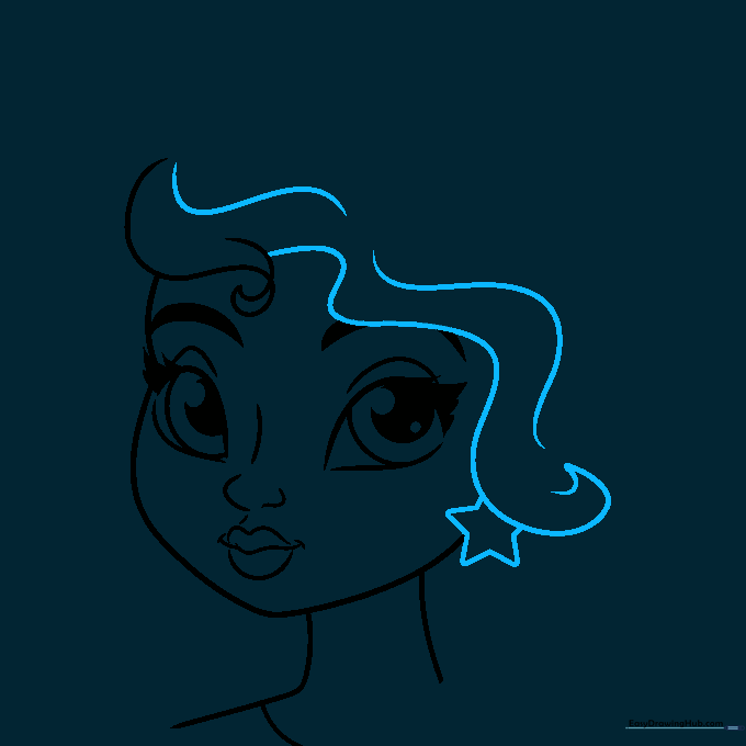 Adding wavy hair lines and a star-shaped earring to the drawing.