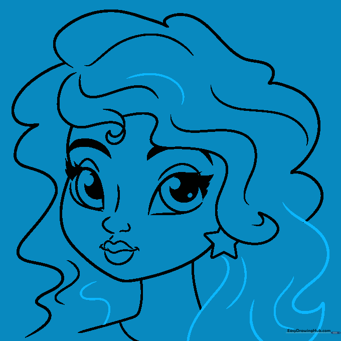Finalizing the hair outline with expressive, loose strokes.