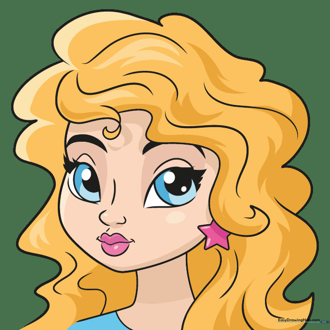 The final colored cute girl face drawing with vibrant hair and skin tones.