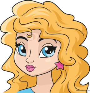 A colorful, finished drawing of a cute girl face with stylized hair and expressive eyes.