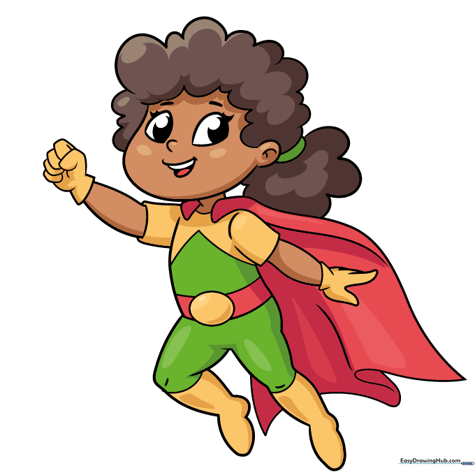 The completed, colored-in cute girl superhero character.