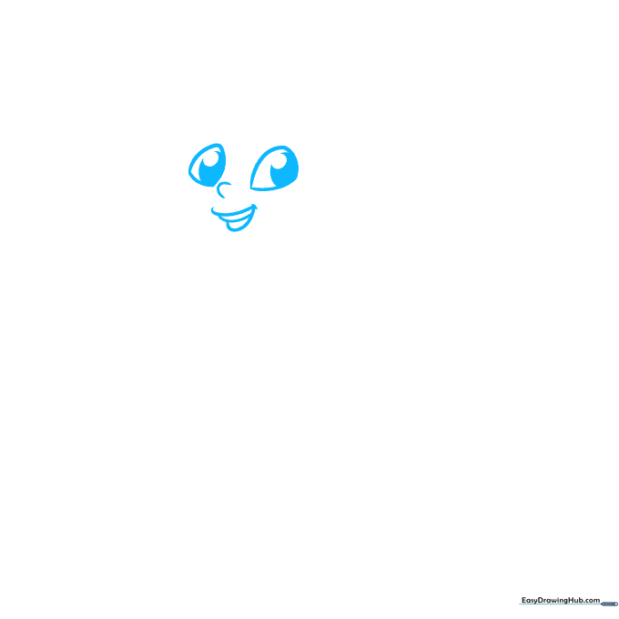 Close-up sketch of a cartoon girl superhero face with large expressive eyes and a smiling mouth.