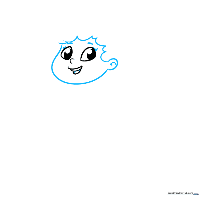 Sketch of the girl superhero's head showing hair, ears, and defined eyebrows.