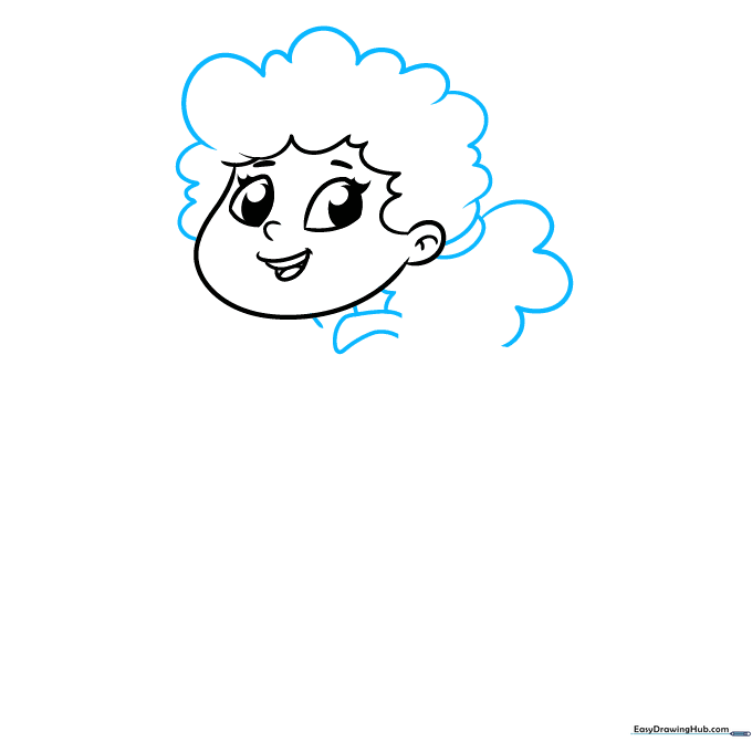 Drawing the superhero's curly hair and the beginning of her cape around her neck.