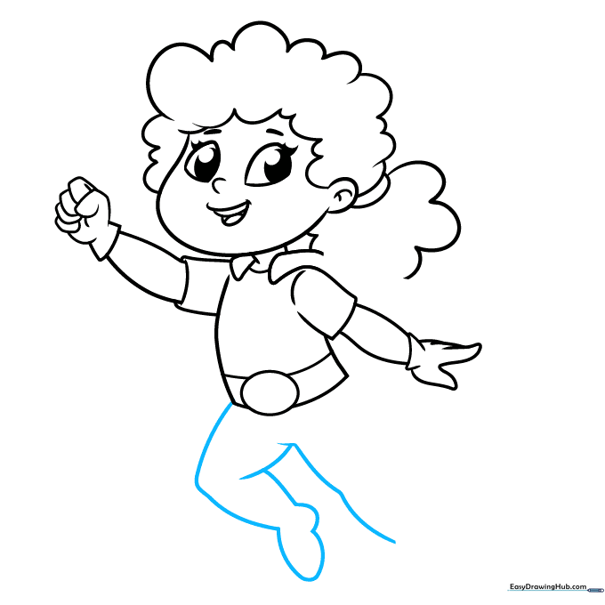 Sketching the legs of the superhero in a flying pose.