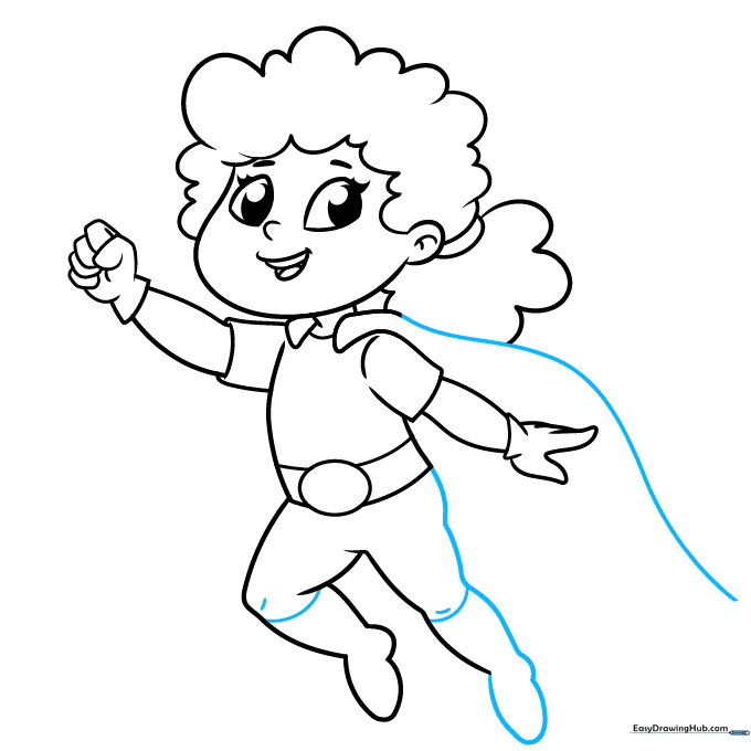 Adding boot details and extending the cape on the superhero drawing.