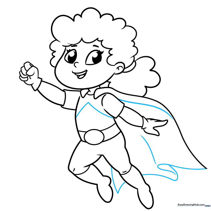 Finalizing the cape folds and adding a chest emblem to the superhero.