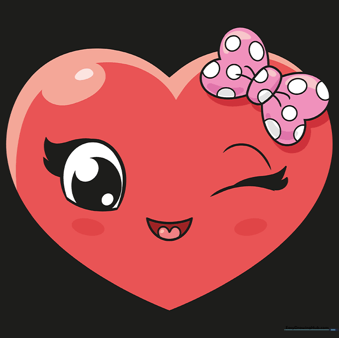 The finished, colored drawing of a cute heart character with a red body and a polka-dot bow.
