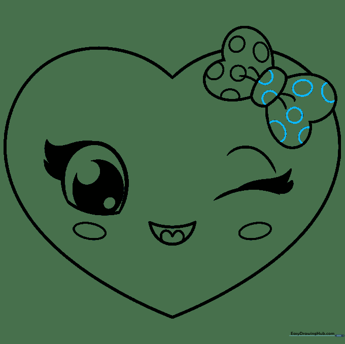 The completed line art of the cute heart character with a bow and polka-dot pattern.