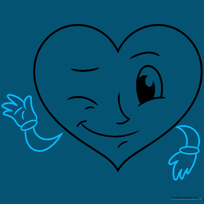 The heart character now has two arms with simple hands waving.