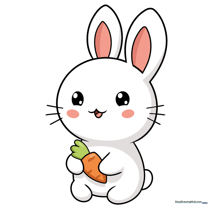 The completed, colored kawaii bunny holding a carrot.