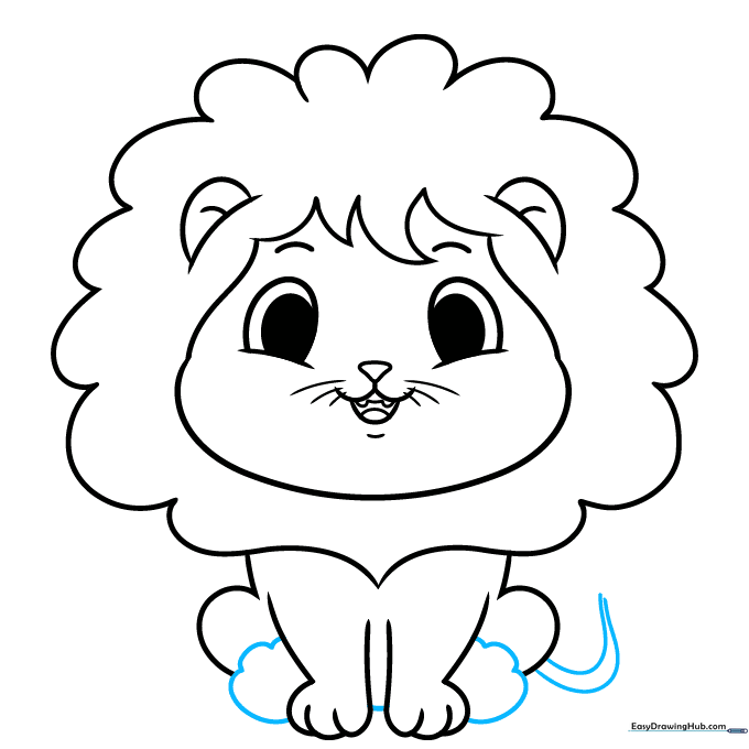 Drawing the rear feet and the long, curved tail of the lion.