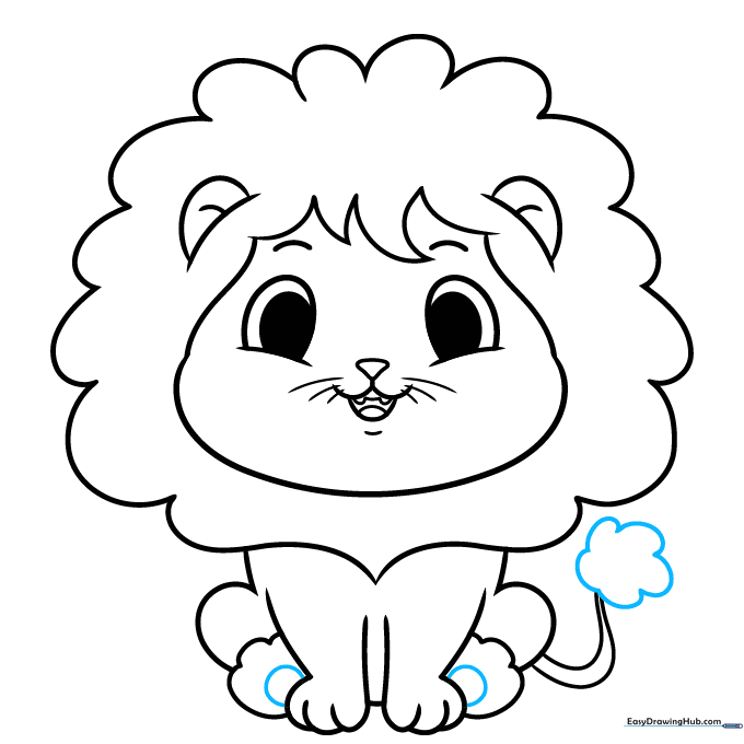 Adding paw pads and a fluffy fur tuft to the tail to complete the outline.