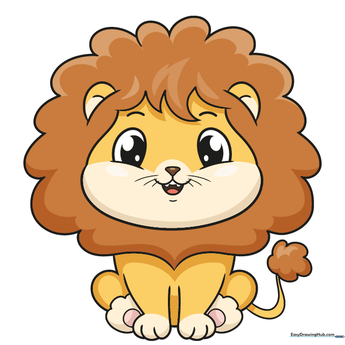 A fully colored, cute cartoon lion drawing with tan fur and a brown mane.