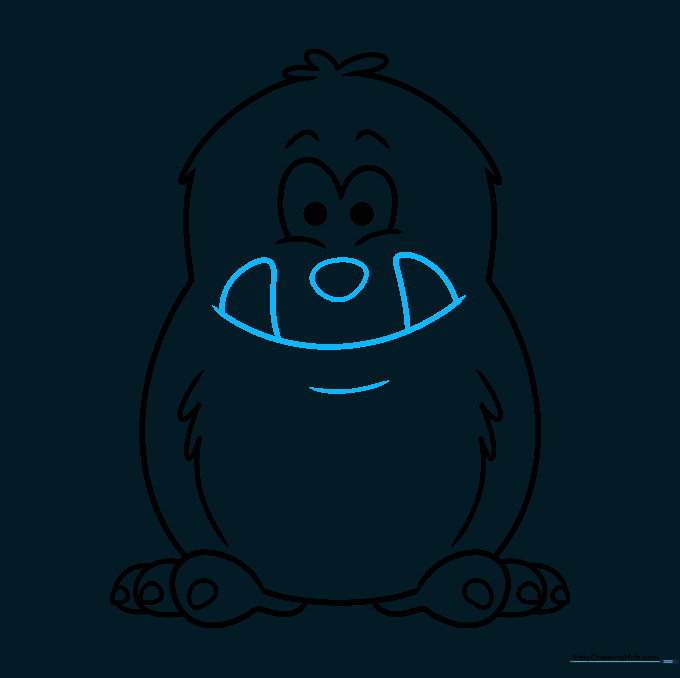 Close up of the monster's face showing a wide smile, nose, and teeth.