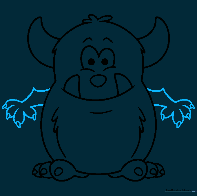 Finalizing the monster's outline by adding arms and fingers.