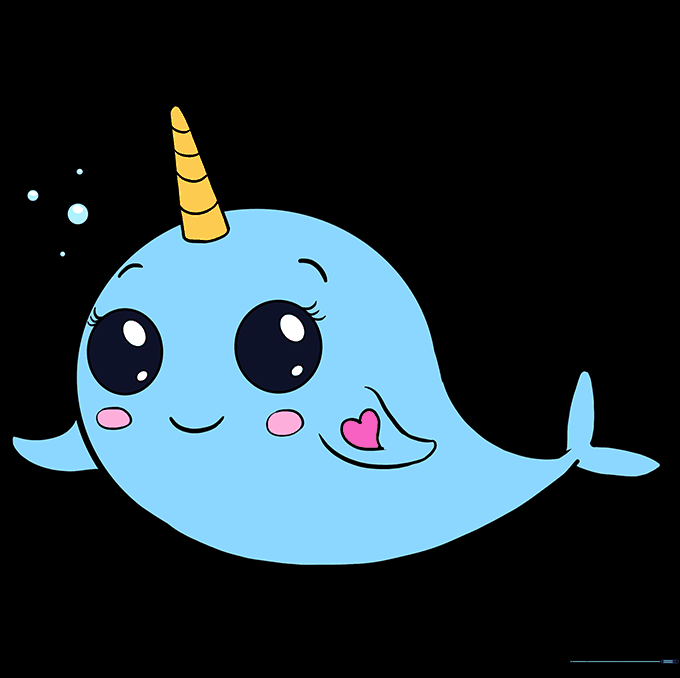 The completed, colored narwhal drawing with soft shading and spots.