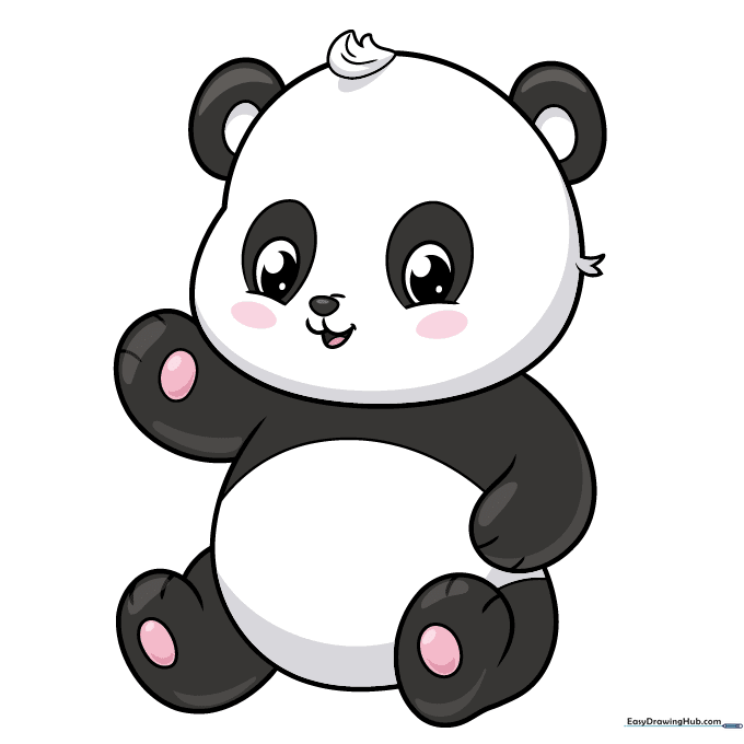 Finished, colored drawing of a cute panda with classic black and white fur markings.