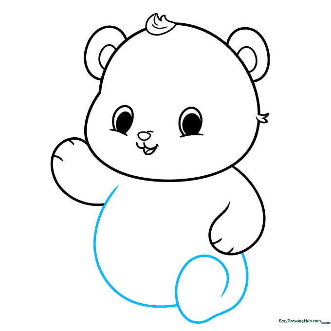 Drawing of a panda's body showing the round belly and one leg folded in a sitting position.