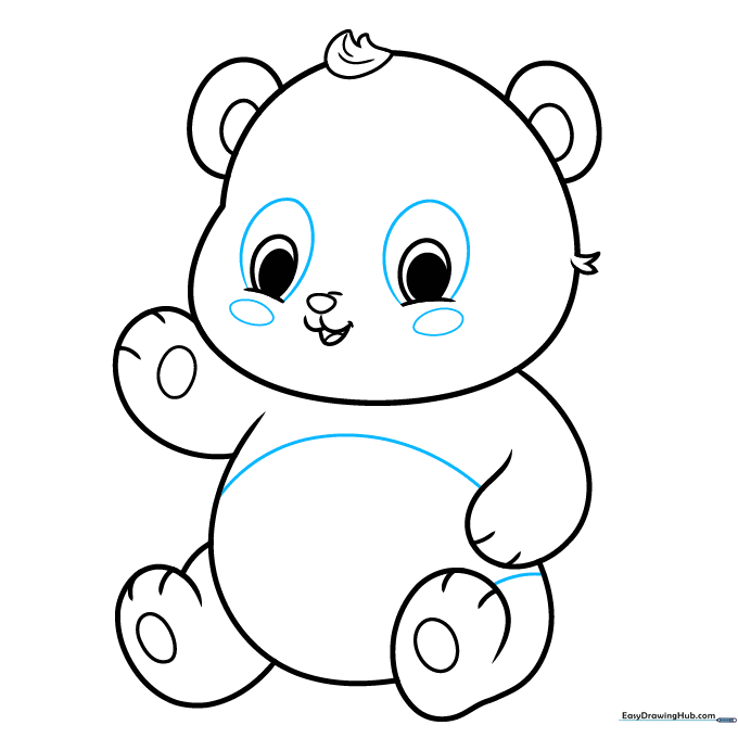 Drawing of a panda face with eye patches and rosy cheek ovals added for detail.