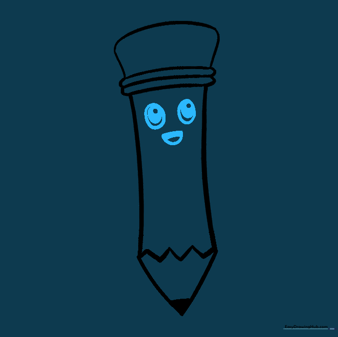 A cute cartoon face with large eyes and a smiling mouth added to the pencil body.