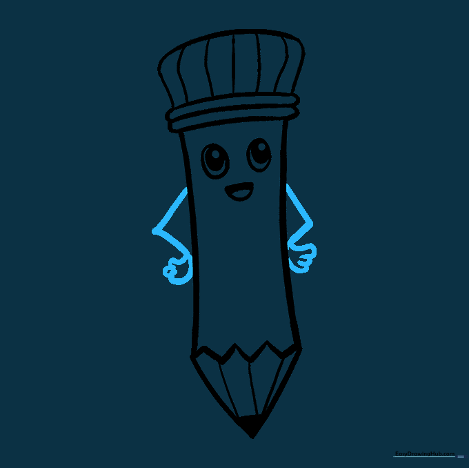 Two cartoon arms with simple rounded hands attached to the sides of the pencil.