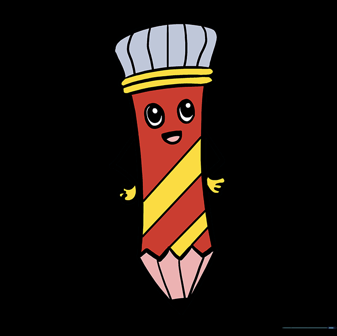 A fully colored, vibrant cartoon pencil character.