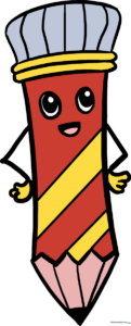 A finished, colorful cartoon pencil character with a friendly smile.