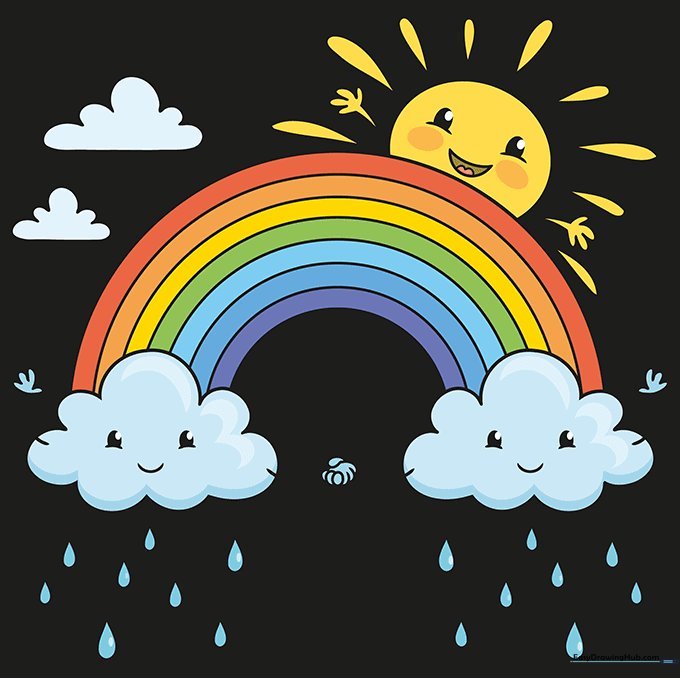 The final drawing fully colored with vibrant rainbow colors and bright blue sky elements.