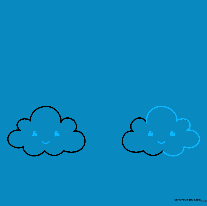 Drawing of two clouds with happy faces, including simple eyes and smiling mouths.