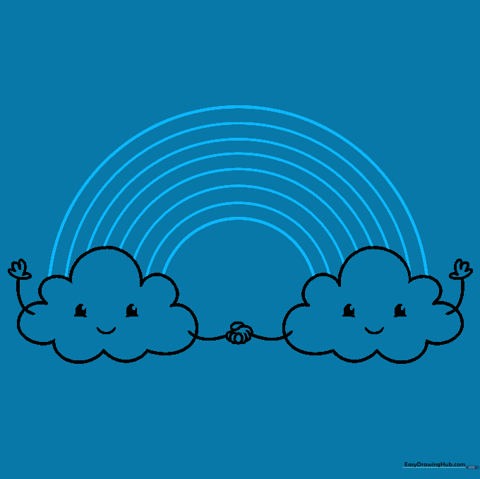 A rainbow arch connecting two clouds, drawn with multiple parallel lines.