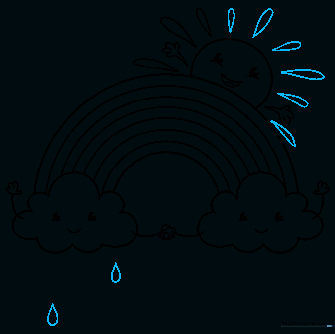 Raindrops drawn as small teardrop shapes falling below the clouds.