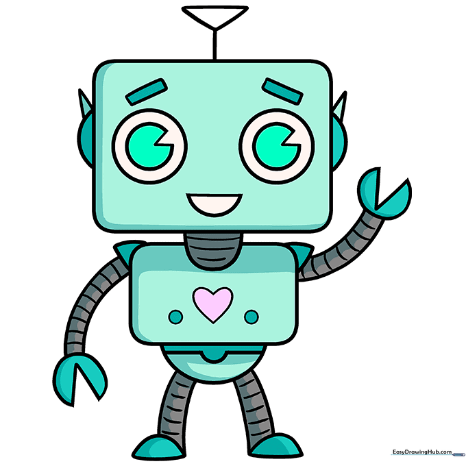 Finished, fully colored cute robot drawing.