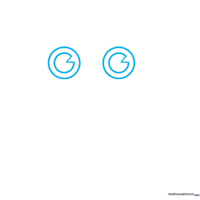 Two circular robot eyes with pie-slice pupils drawn on white paper.