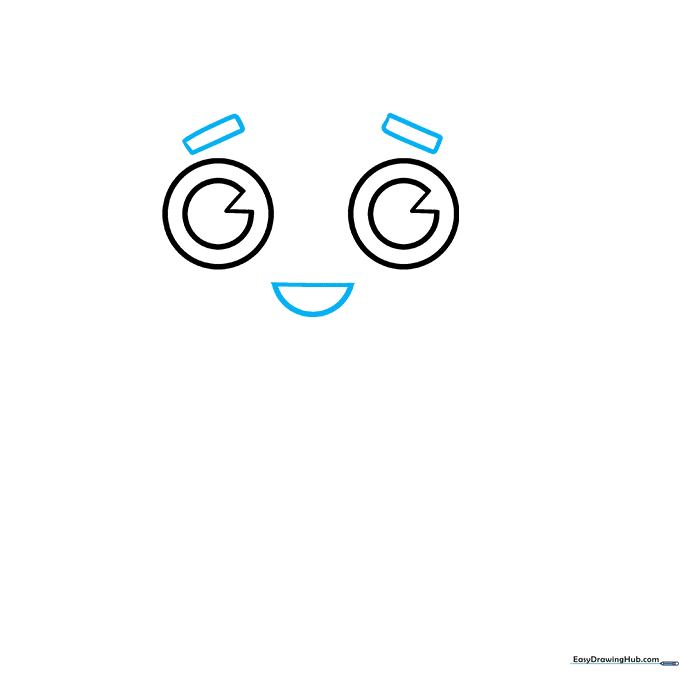 Robot face with diagonal rectangular eyebrows and a semi-circle mouth.