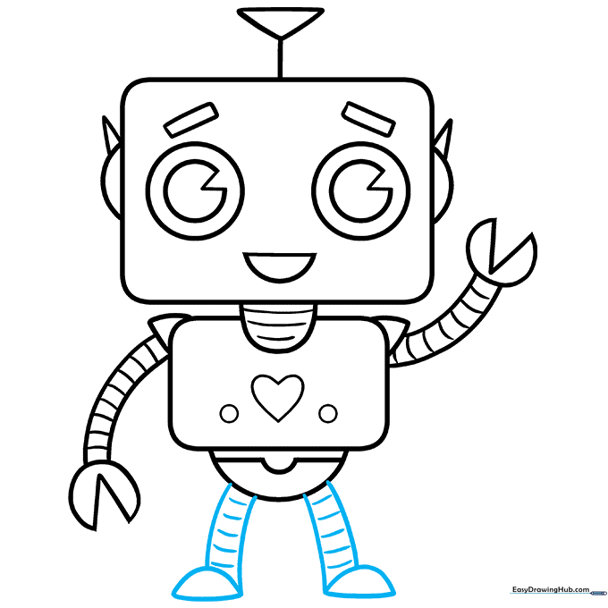 Robot legs and feet with segmented metal detailing.