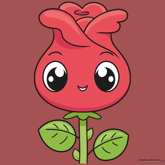 The finished, colored cartoon rose with red petals and green leaves.